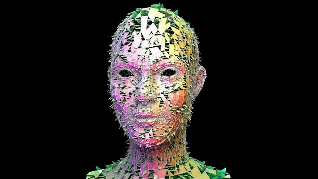 sci fi, cyber, high tech, triangulated polygonal wireframe female head, portrait, pink, green, 3d animation 4K video 