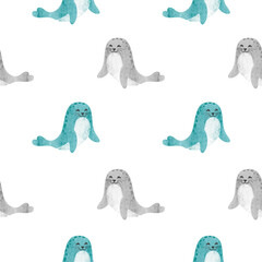 Seamless pattern with cute watercolor seal animal. Vector illustration.