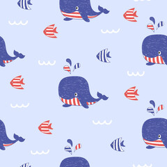 Seamless childish pattern with hand drawn whales and fish. Sea life.