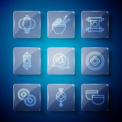 Set line Chinese Yuan currency, paper lantern, tea ceremony, Decree, paper, parchment, scroll, China flag, and icon. Vector