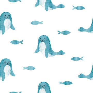 Seamless pattern with cute watercolor seal animal and fish.