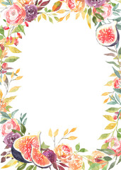Watercolor boho fig pumpkin thanksgiving floral frame illustration, Autumn flower arrangement, border,frame, for fall wedding stationery, nursery, thanksgiving card, save the date, baby shower
