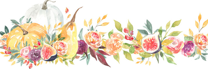 Watercolor boho fig pumpkin thanksgiving floral frame illustration, Autumn flower arrangement, wreath,frame, for fall wedding stationery, nursery, thanksgiving card, save the date, baby shower
