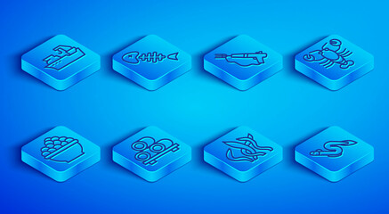 Set line Fishing boat, skeleton, harpoon, Sushi cutting board, Seaweed, Lobster, Caviar and Eel fish icon. Vector