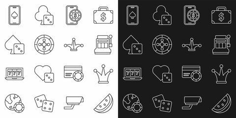Set line Casino slot machine with watermelon, Joker playing card, Slot, Online poker table game, roulette wheel, Game dice, and icon. Vector