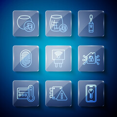Set line Thermostat, House under protection, Smart key, Electric toothbrush, electric plug, Fingerprint, Voice assistant and home icon. Vector