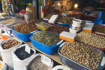 counter of nuts, walnuts and almonds in Tbilisi, Georgia. High quality photo