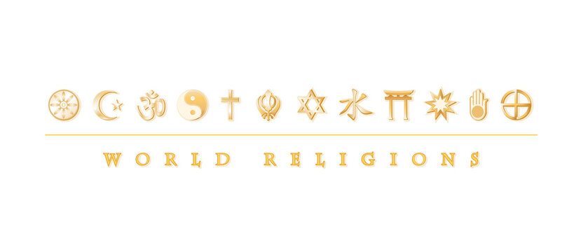 World Religions Banner, Gold Symbols, icons of 12  world faiths on white background: Buddhism, Islam, Hindu, Taois, Christianity, Sikh, Judaism, Confucianism, Shinto, Baha'i, Jain, Native Spirituality