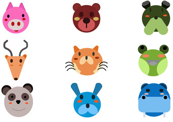 Set of animal heads collection.Characters portrait cute animal faces on white background.portraits,
Emoji funny animal, Logo, sticker,Kawaii,Vector Funny cartoon and animal heads concept.