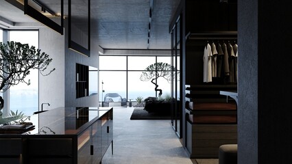 Loft industrial bedroom interior design 3d rendering with concrete walls, large bonsai tree and sea view
