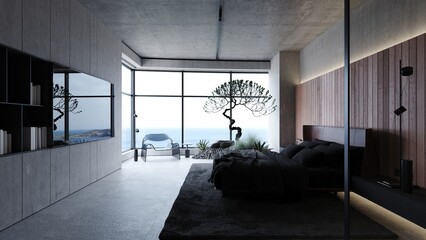  Loft industrial bedroom interior design 3d rendering with concrete walls, large bonsai tree and sea view