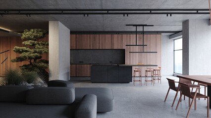 Loft industrial kitchen interior design 3d rendering with concrete walls, large bonsai, dining chairs and table