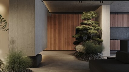 Loft industrial modern interior corridor with wooden wall and large bonsai tree