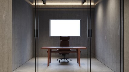 Loft  industrial home office modern interior room with concrete walls, LED lights, chair and wooden table