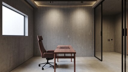 Loft industrial home office modern interior room with concrete walls, LED lights, chair and wooden table