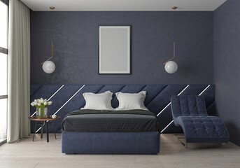 3d Rendering, 3d Illustration. Interior Bedroom. Scandinavian style. Blue stucco wall.