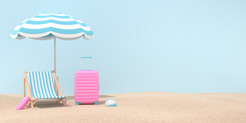 Summer blue background. Beach chair, flip flop, inflatable ring and ball, sun umbrella, suitcase  on the sand. 3d illustration.