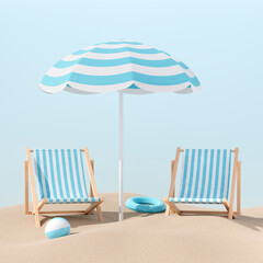 Summer background with beach chair, inflatable ring and ball sun umbrella, flip flop in pastel colors on the sand. 3d illustration.