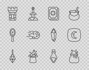 Set line Magic stone, Witch cauldron, Tarot cards, hat, Castle tower, Fireball, Bottle with potion and Moon and stars icon. Vector