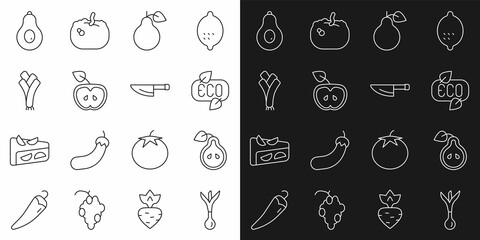 Set line Onion, Pear, Leaf Eco symbol, Apple, Leek, Avocado and Knife icon. Vector