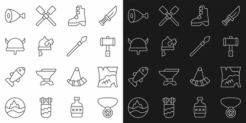 Set line Necklace with gem, Folded map, Battle hammer, Ancient viking boots, Viking horned helmet, Chicken leg and Medieval spear icon. Vector