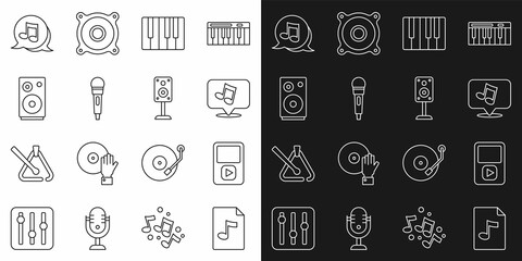 Set line MP3 file document, Music player, note, tone, synthesizer, Microphone, Stereo speaker, and icon. Vector