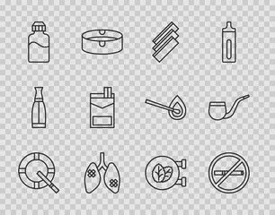 Set line Ashtray with cigarette, No smoking, Cigarette rolling papers, Disease lungs, Vape liquid bottle, Cigarettes pack box, Tobacco leaf shop and pipe icon. Vector