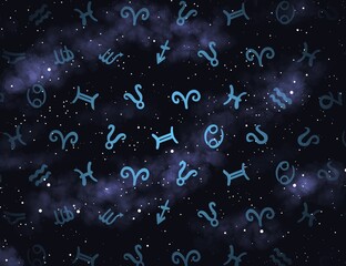 The twelve signs of the zodiac are randomly placed against the background of the cosmos, the...