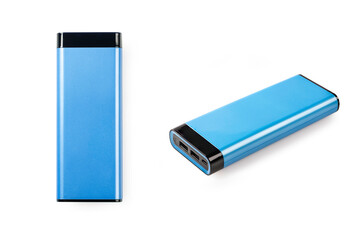 Power bank for mobile charger device on white background.