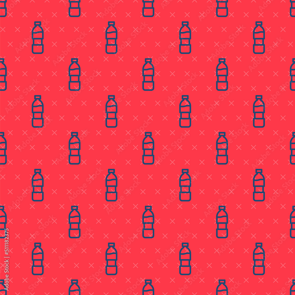 Wall mural Blue line Bottle of water icon isolated seamless pattern on red background. Soda aqua drink sign. Vector