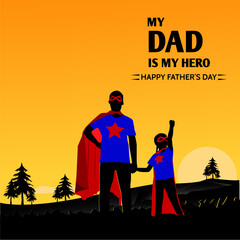 Dad and son superman vector scene illustration. Father's day concept. 
