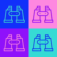 Pop art line Binoculars icon isolated on color background. Find software sign. Spy equipment symbol. Vector