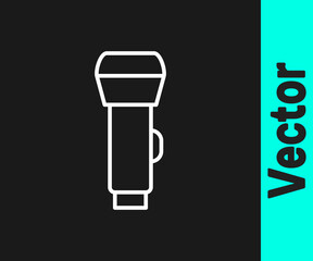 White line Flashlight icon isolated on black background. Vector