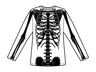 Skeleton costume Human bones on longsleeve front view men women for Halloween, festivals for printing on clothes for Day of the dead flat black color concept Vector illustration of anatomy isolated