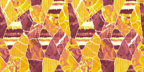 Seamless Cracked Kintsugi mosaic patchwork collage of playful stripes and marble in a bright orange, pink and yellow dopamine dressing style. High resolution textile fabric background texture..