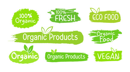Healthy vegetarian and organic food stickers or labels design set