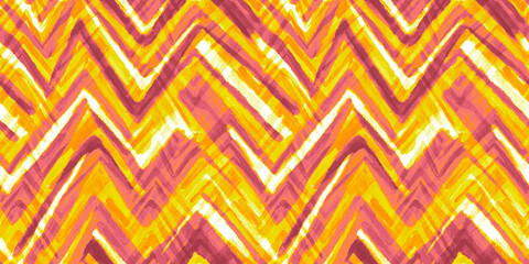 Seamless hand painted playful loose watercolor herringbone, chevron or zigzag  pattern in a bright orange, pink and yellow dopamine dressing style. High resolution textile fabric background texture..