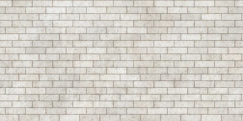 Seamless vintage cottagecore whitewashed worn brick tiles background texture. Tileable shabby chic natural stone wall, floor, wallpaper pattern or flatlay backdrop. High resolution 3D Rendering..