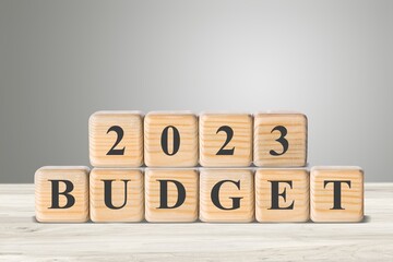 Fototapeta na wymiar 2023 Budget planning and allocation concept. Wooden cube. Use for banner and presentation.