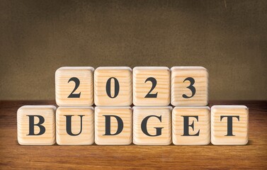 2023 Budget planning and allocation concept.  Wooden cube. Use for banner and presentation.