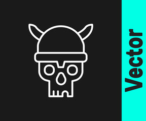White line Skull with viking helmet icon isolated on black background. Happy Halloween party. Vector