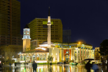 Impressive view of ancient Ethem Bey Mosque and Clock Tower at Tirana, Albania, at night