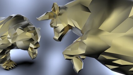 Fototapeta premium Gold low-poly bull and bear sculpture staring at each other in dramatic contrasting light representing financial market trends under black-white background. Concept images of stock market. 3D CG.