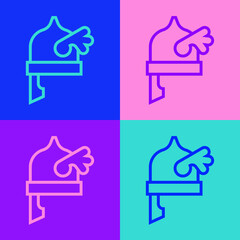 Pop art line Viking in horned helmet icon isolated on color background. Vector