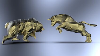 Obraz premium Gold low-poly bull and bear sculpture staring at each other in dramatic contrasting light representing financial market trends under black-white background. Concept images of stock market. 3D CG.