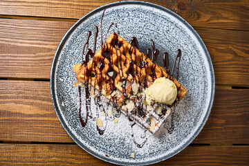 Belgian waffle with ice cream close