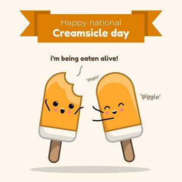 Happy national creamsicle day social media post, banner, orange ice cream kawaii celebration advertisement concept, popsicle cream marketing square ad, August 14th abstract print, isolated