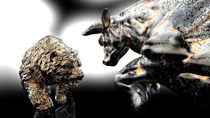 Naklejka premium Metallic silver bull and bear sculpture staring at each other in dramatic contrasting light representing financial market trends under black-white background. Concept images of stock market. 3D CG.