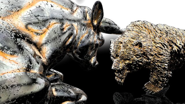 Metallic silver bull and bear sculpture staring at each other in dramatic contrasting light representing financial market trends under black-white background. Concept images of stock market. 3D CG.