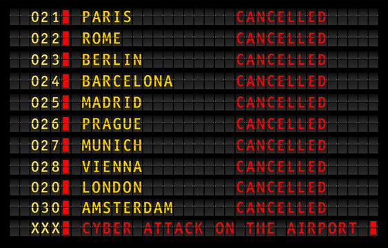 airport information display with cyber attack warning message, cancelled and delayed flights, vector illustration